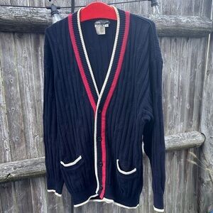 Salvatore Ferragamo Navy Cardigan with Red and White Trim